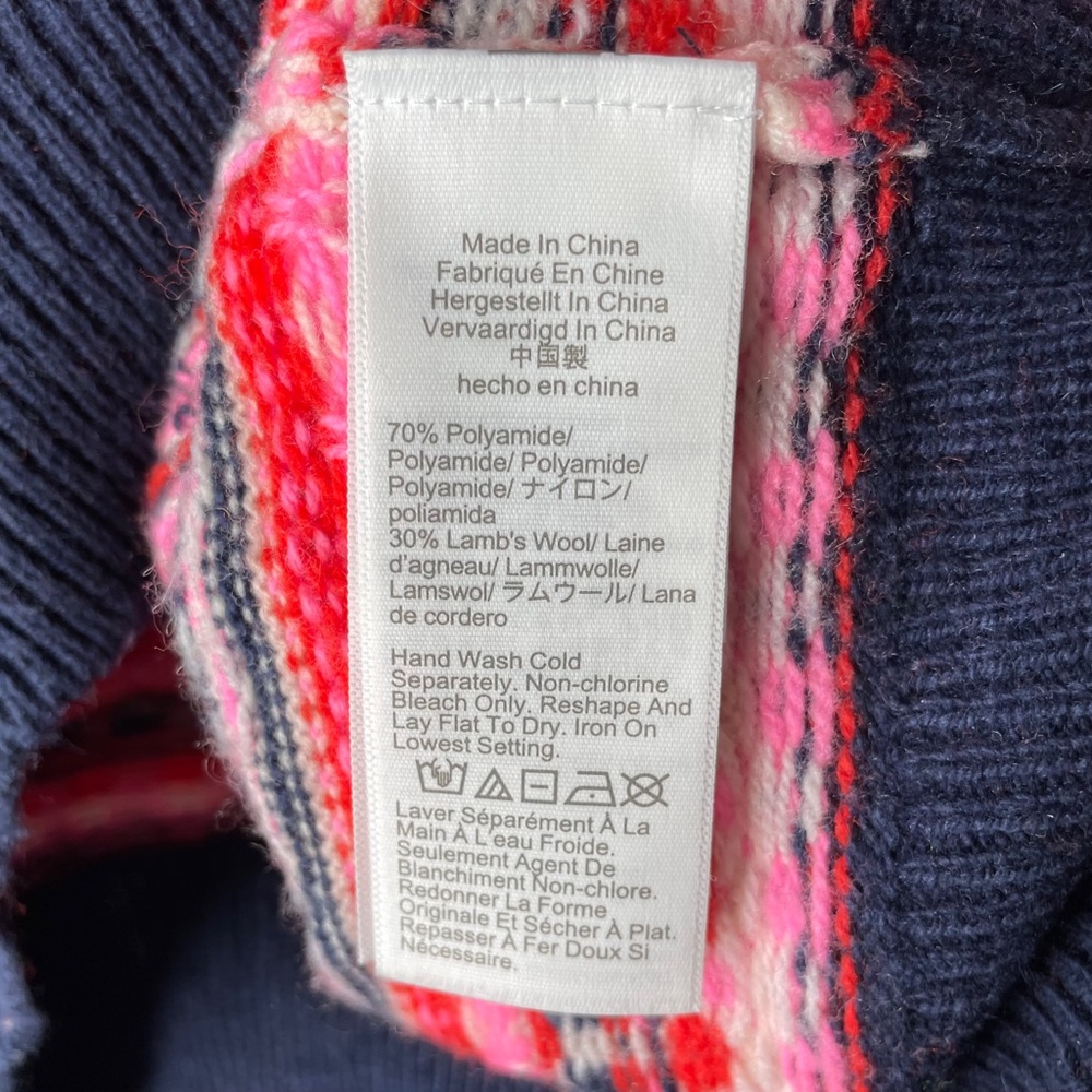 J. Crew Navy Shrunken Fair Isle Crewneck Sweater Size XS Pink Red Hearts - Picture 7 of 9